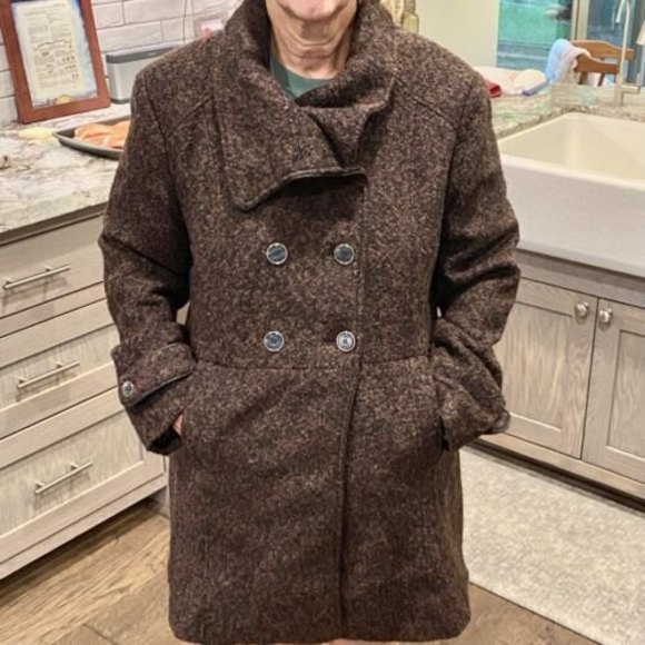 Steve Madden Wool Blend Coat size Lg Double Breasted Brown Hand Pockets‎ - Picture 1 of 11